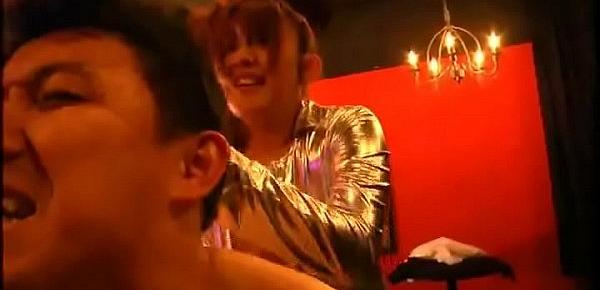  Escort girl in shiny outfit pegging business man